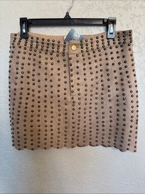 BiBi Tan Studded Scalloped Hem Mini Skirt